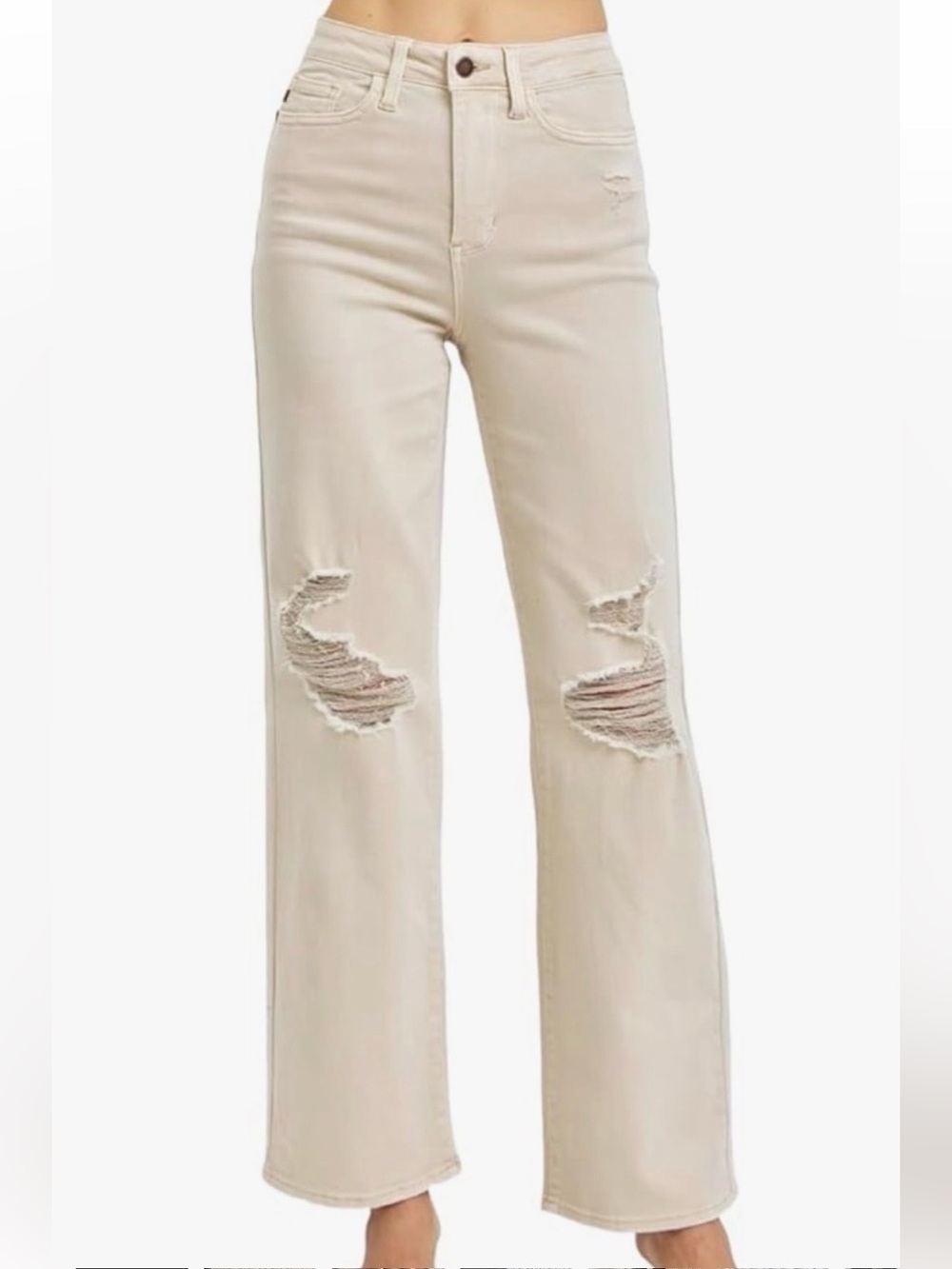 Judy Blue denim jeans Bone with distressed,flared leg, high waisted & stretchy
